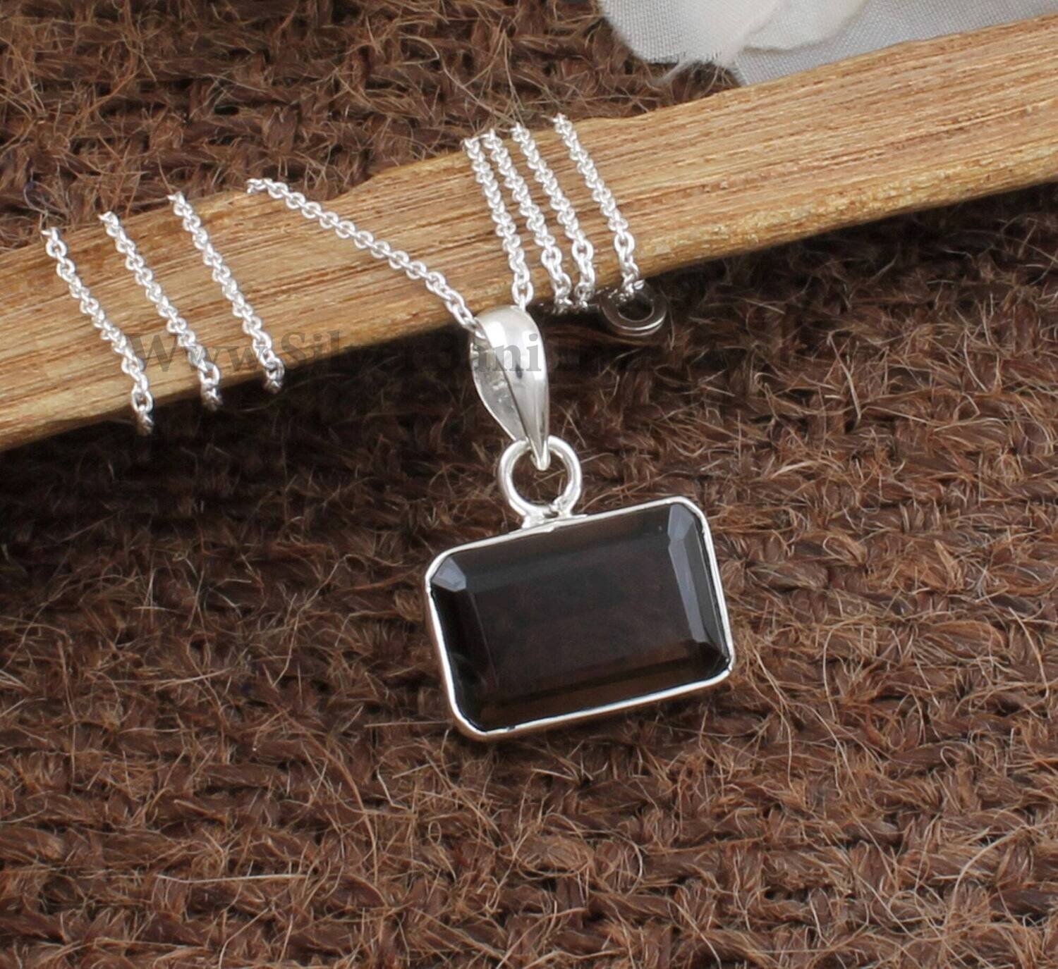 Smoky Quartz Gemstone Necklace Pendant | 925 Sterling Silver Emerald Cut Stone Pendant | Handmade Women Wedding Jewelry | Gift Idea