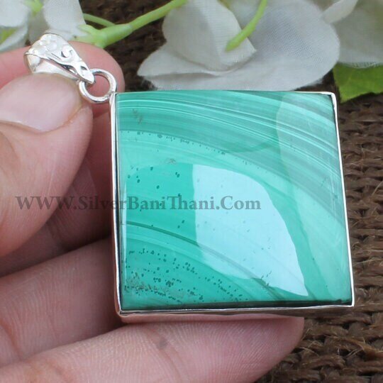 Malachite Necklace, Green Stone Necklace,Square Shape Silver Necklace, Green Stone Necklace Set for Woman, daily Wear Necklace, Gift For Him