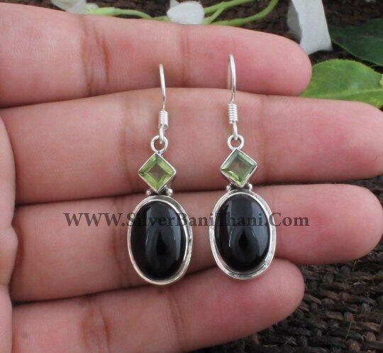 Black Onyx &amp; Peridot Two Stone Earrings | 925 Sterling Silver Gemstone Earring | Designer Handmade Jewelry For Women  | Boho Jewelry | Gift
