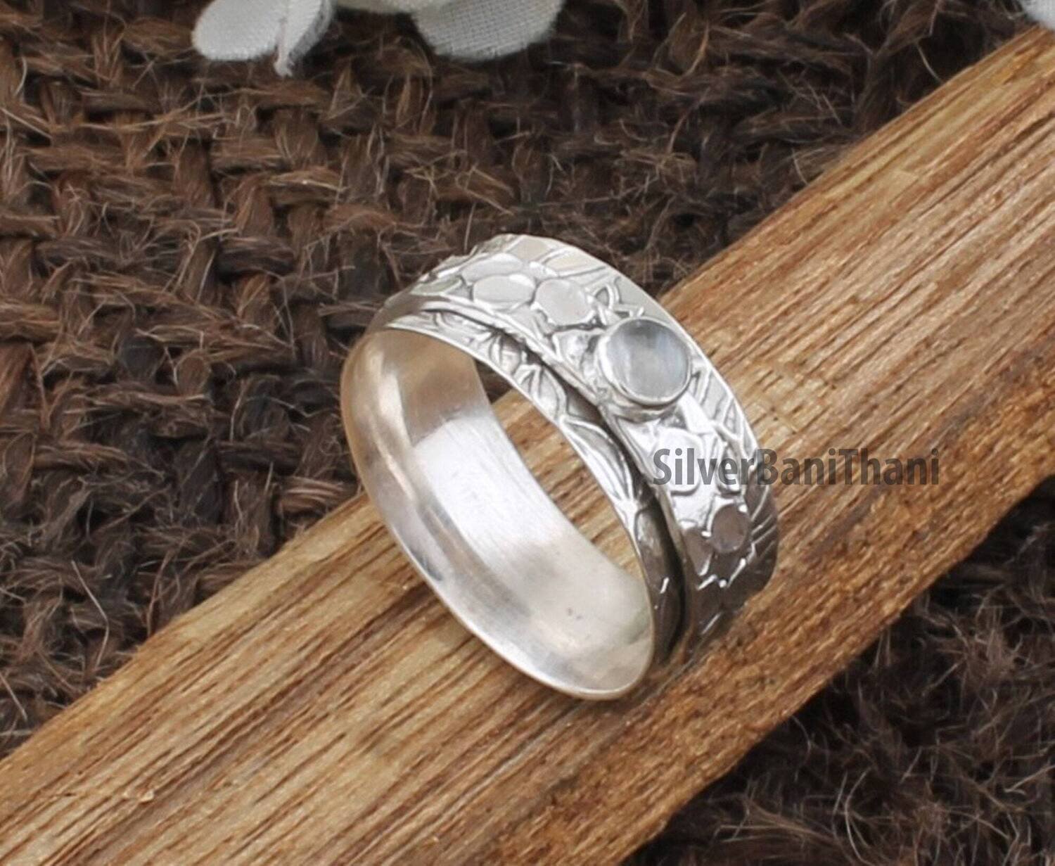 Designer Carved Silver Rainbow Moonstone Spinner Ring | 925 Sterling Silver Handmade Meditation Ring | Women Jewelry | Chiasmas Gift For Her
