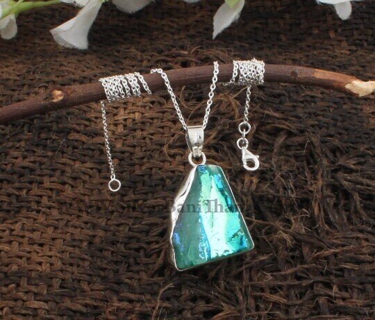 Raw Aura Quartz Gemstone Necklace | 925 Sterling Silver Pendant Necklace | Handmade Rough Rainbow Gemstone Necklace |Women Jewelry Gift Idea