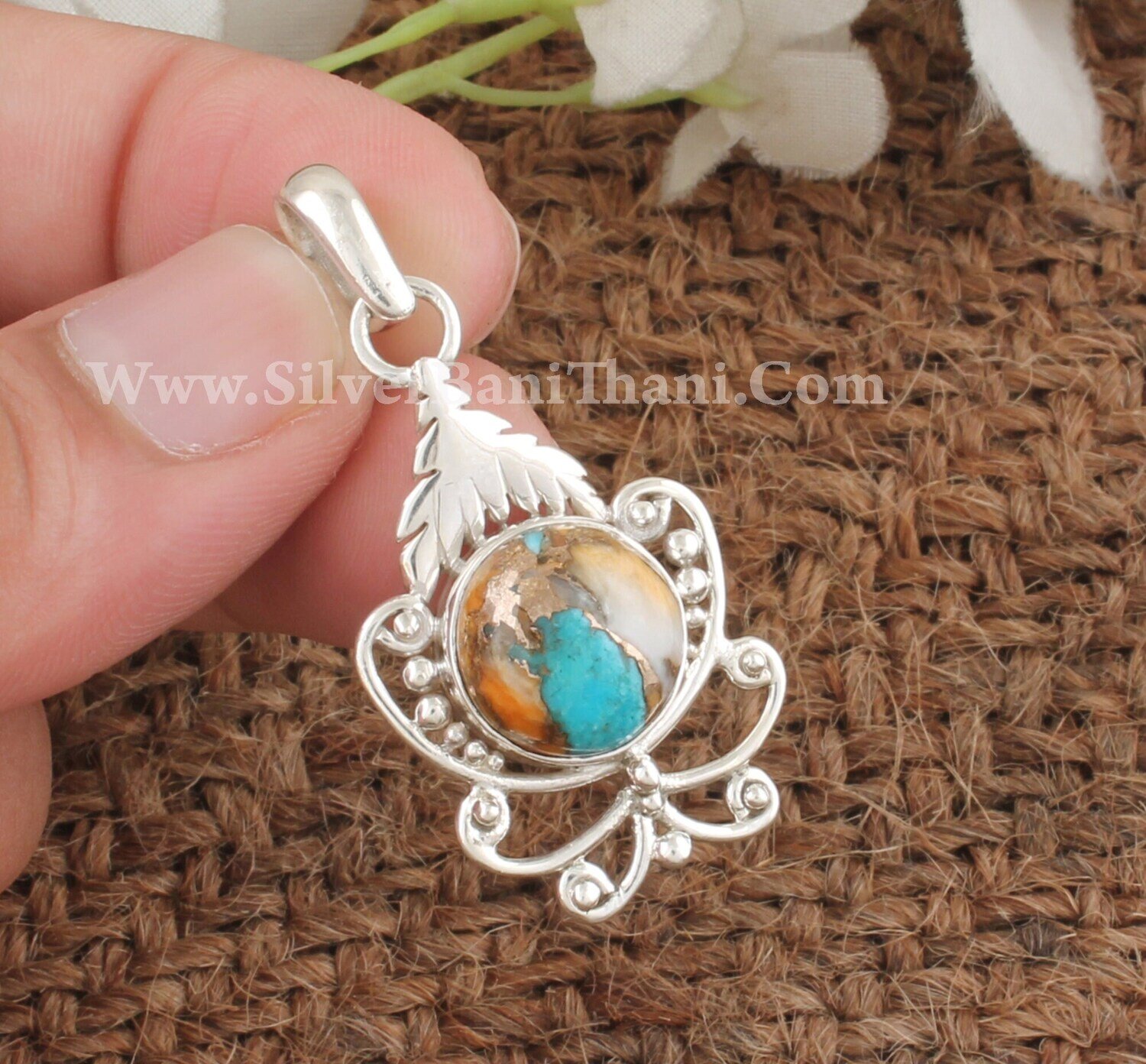925 Sterling Silver Oyster Copper Turquoise Pendant Necklace | Christmas Tree Silver Gemstone Pendant | Women Designer Handmade Jewelry Gift