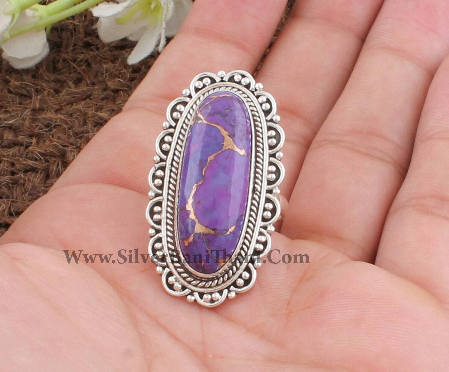 Purple Copper Turquoise Oval Gemstone Silver Ring | 925 Sterling Solid Designer Carved Silver Ring | Handmade Women Wedding Ring | Gift Idea