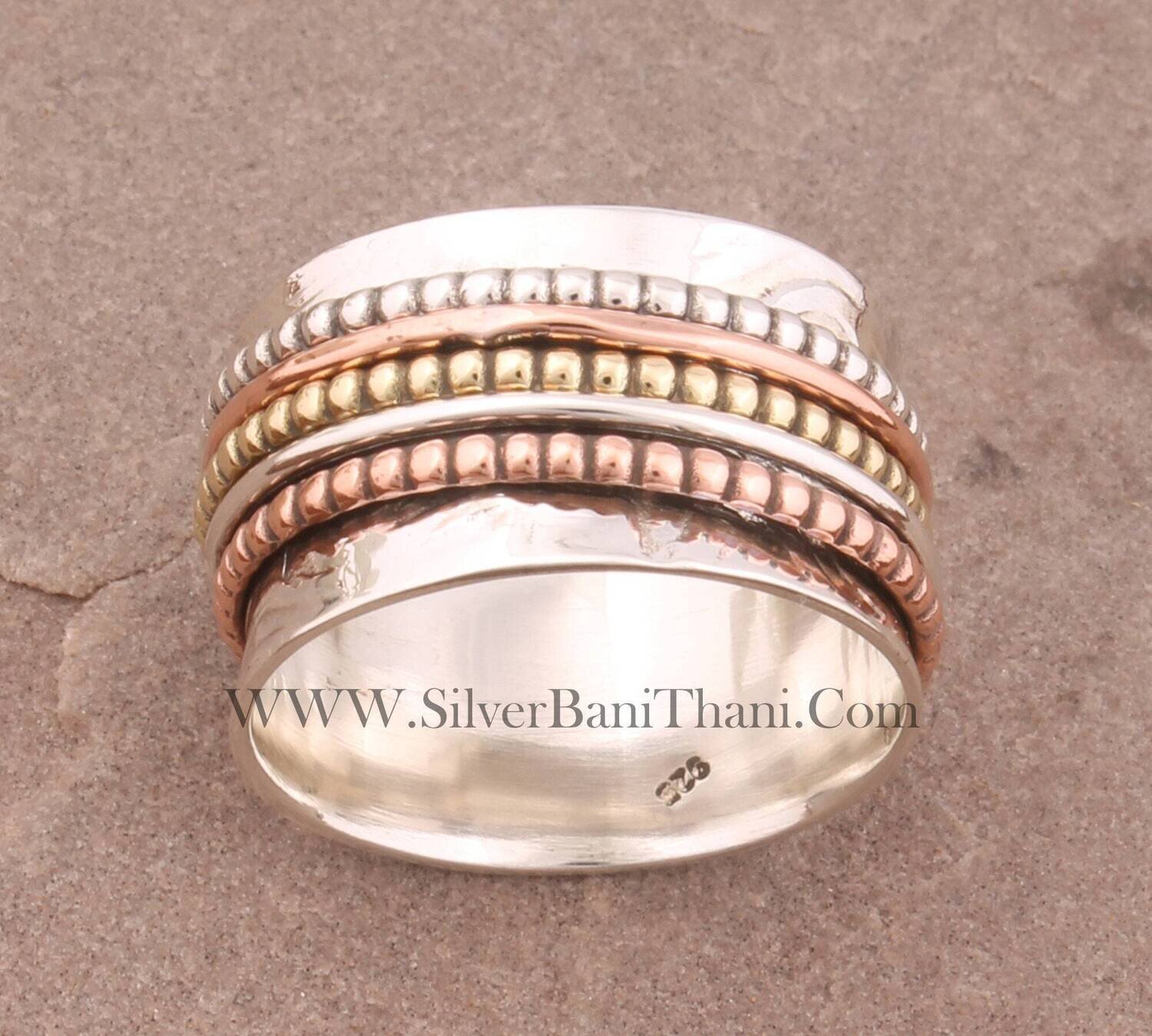 Five Fidget Silver Ring Solid 925 Sterling Silver Hammered Band Spinner Ring For Women | Handmade Three Tone Boho Worry Anxiety Rings Gift