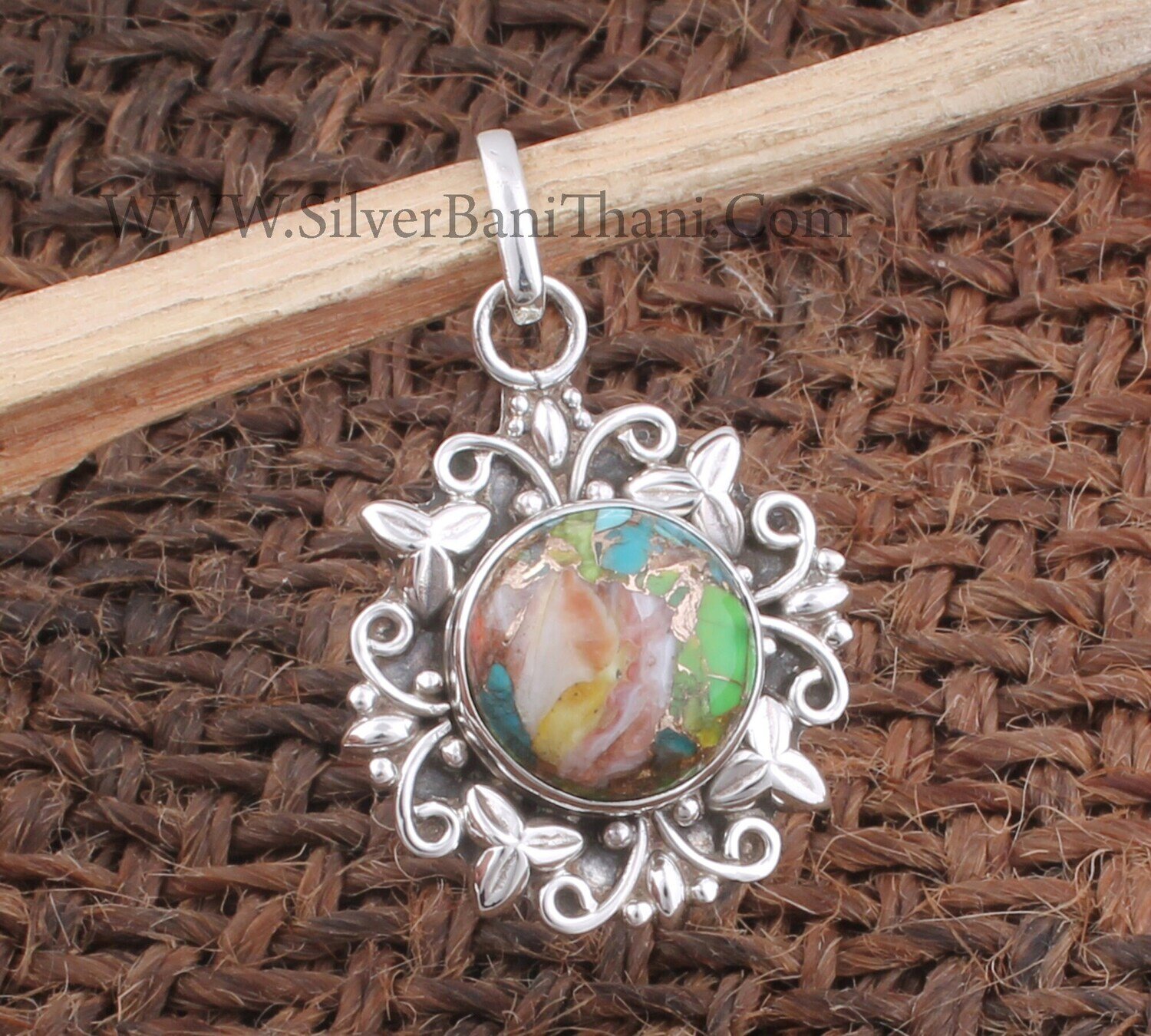 Mix Copper Turquoise Gemstone Pendant | 925 Sterling Silver Solid Pendant | Flower Round Shape Pendant | Jewelry Gift For Anniversary Gift