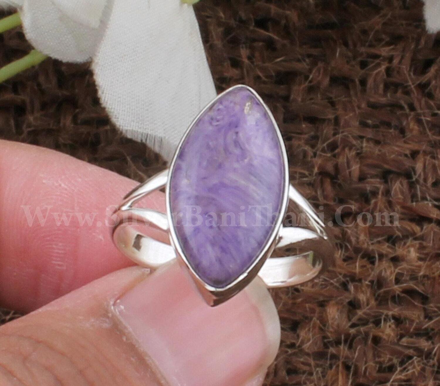 Charoite Gemstone Silver Ring | 925 Sterling Silver Smooth Marquise Gemstone Ring | Designer Handmade Women Silver Jewelry Mother's Day Gift