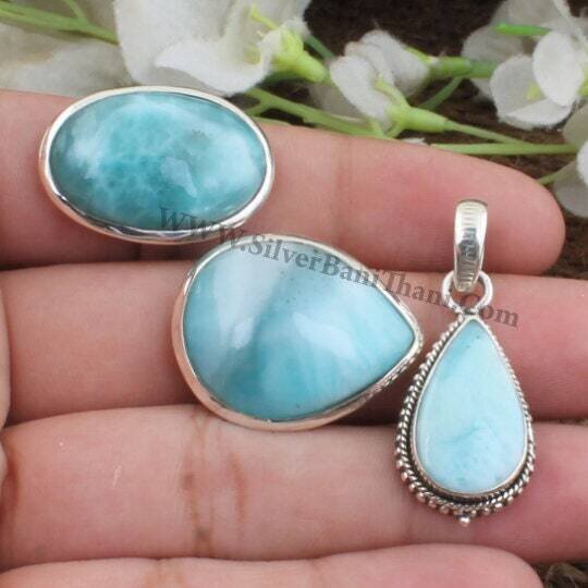 Larimar Jewelry, Cabochon Stone Jewelry, 925 Sterling Solid Silver Jewelry,  Larimar Top Quality Semi Precious Stone Jewelry 2022