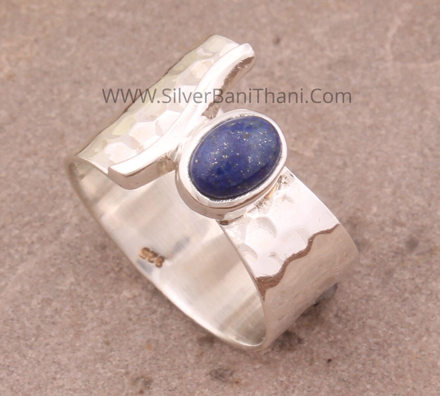 Lapis Lazuli Gemstone Ring | 925 Sterling silver Lapis Band Ring | Lapis Lazuli Ring | Handmade Silver Ring | Wide Band Hammered Ring Gifts