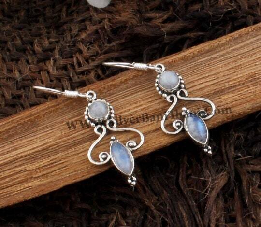 Rainbow Moonstone Silver Earrings | 925 Sterling Solid Silver Earrings | Designer Two Gemstone Earrings | Christmas Gift | June Birthstone