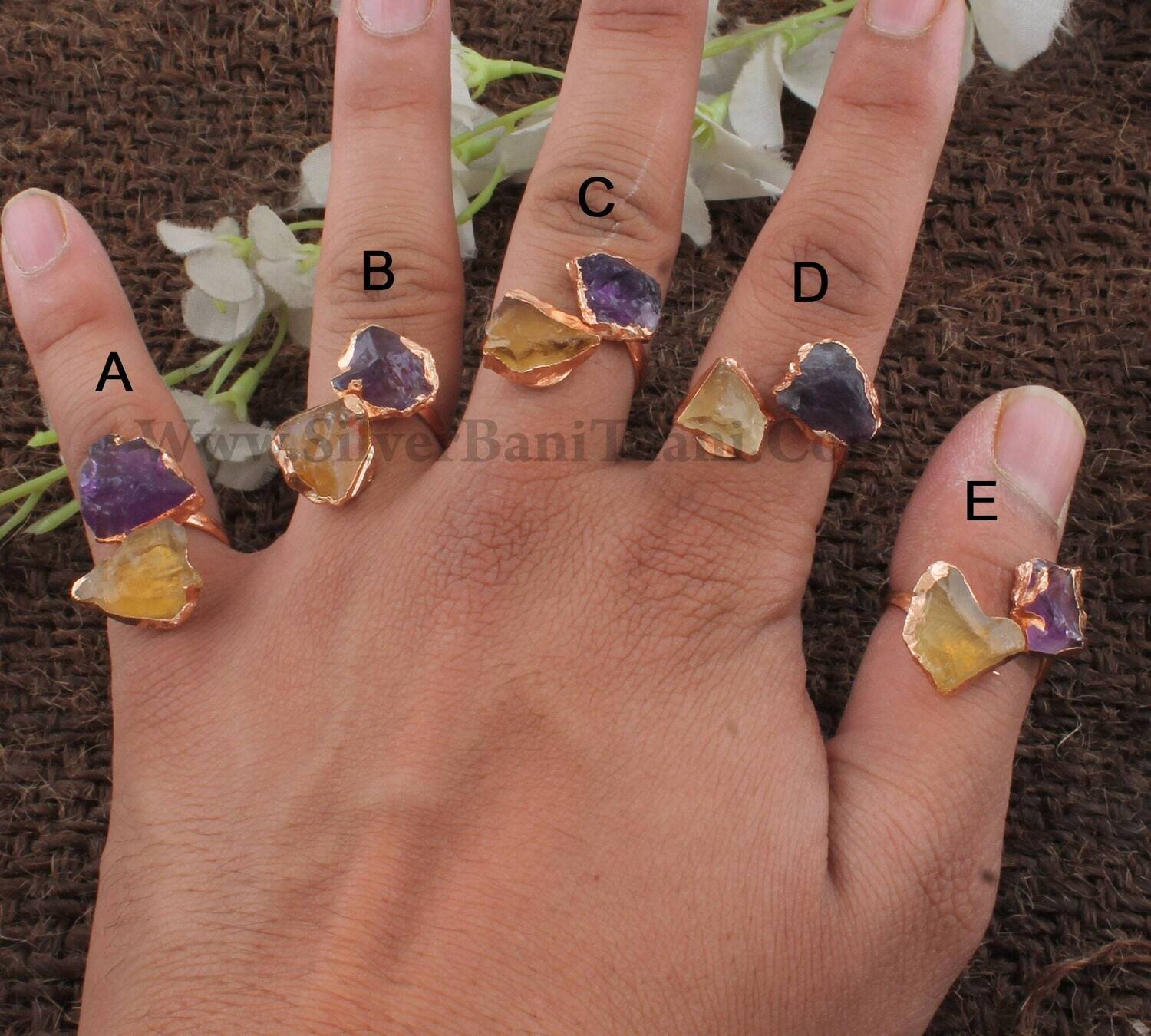 Raw  Citrine &amp; Amethyst Ring For Women |Electroplated Copper Adjustable Ring |Handmade Copper Rough Double Stone Ring For Anniversary