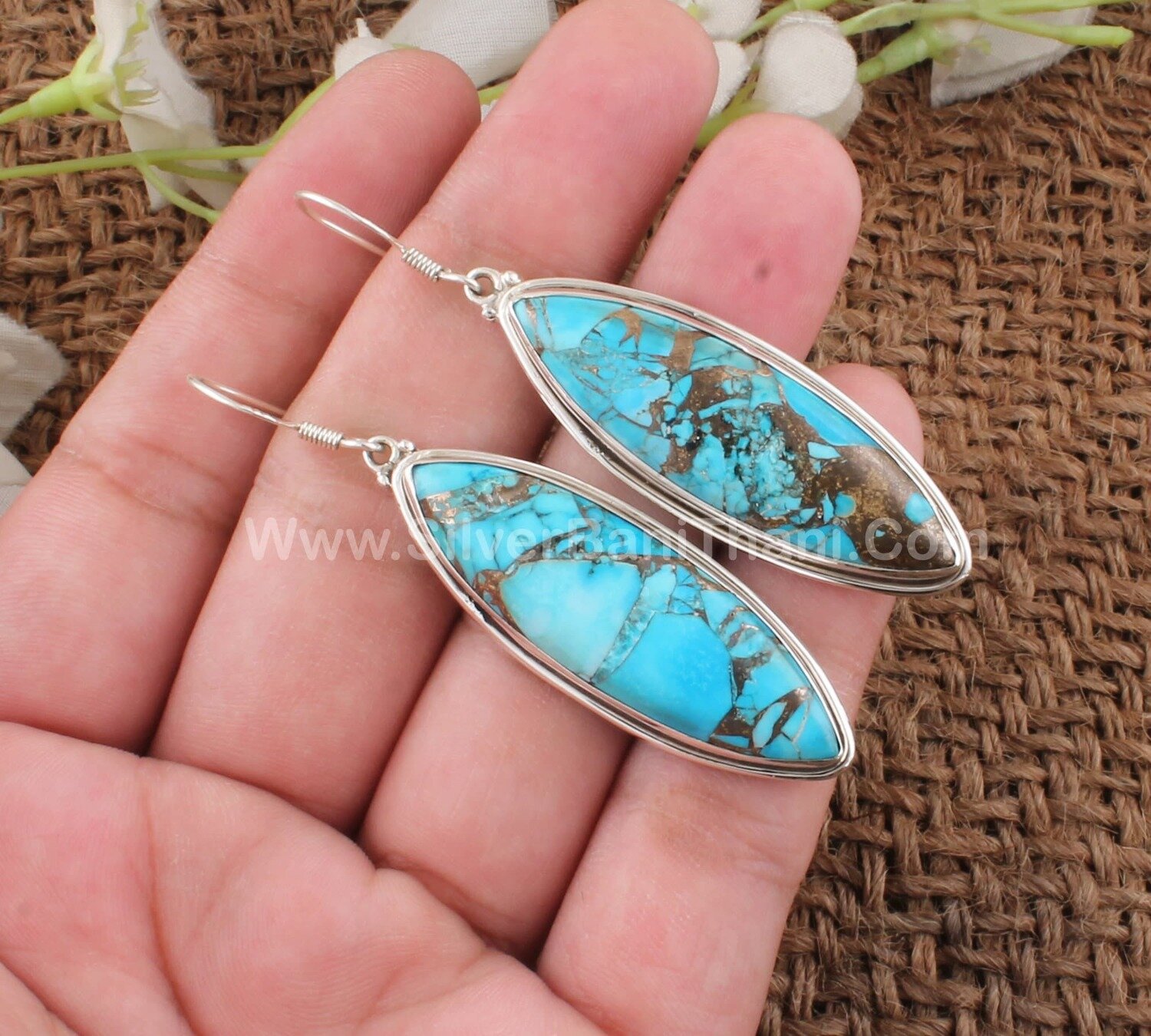 Blue Copper Turquoise Silver Earrings | Handmade Women Wedding Earrings | 925 Sterling Solid Silver Smooth Marquise Gemstone Earrings Gift