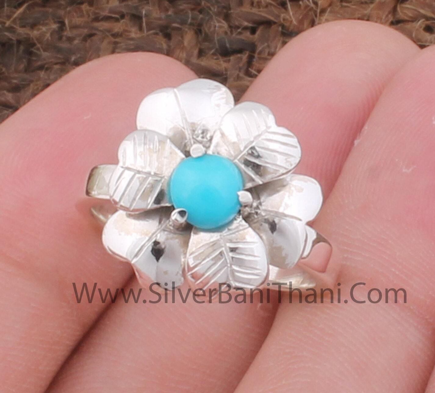 Prong Set Turquoise Round Gemstone Silver Ring | 925 Sterling Solid Silver Ring | Boho Handmade Flower Carved Silver Jewelry For Women Gift