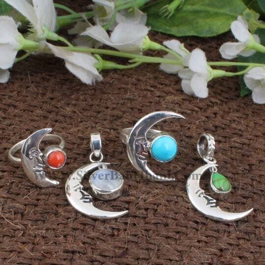 Moon Design Jewelry 925 Sterling Solid Silver jewelry-Cabochon Stone Jewelry-Semi Precious Gemstone Jewelry Combo Ring With Pendant2022Etsy