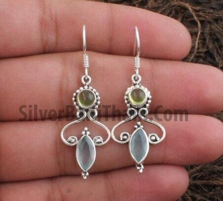 Solid Silver  Peridot &amp; Aqua Chalcedony Earrings | 925 Sterling Silver Designer Handmade Earrings | Women Jewelry | August Birthstone