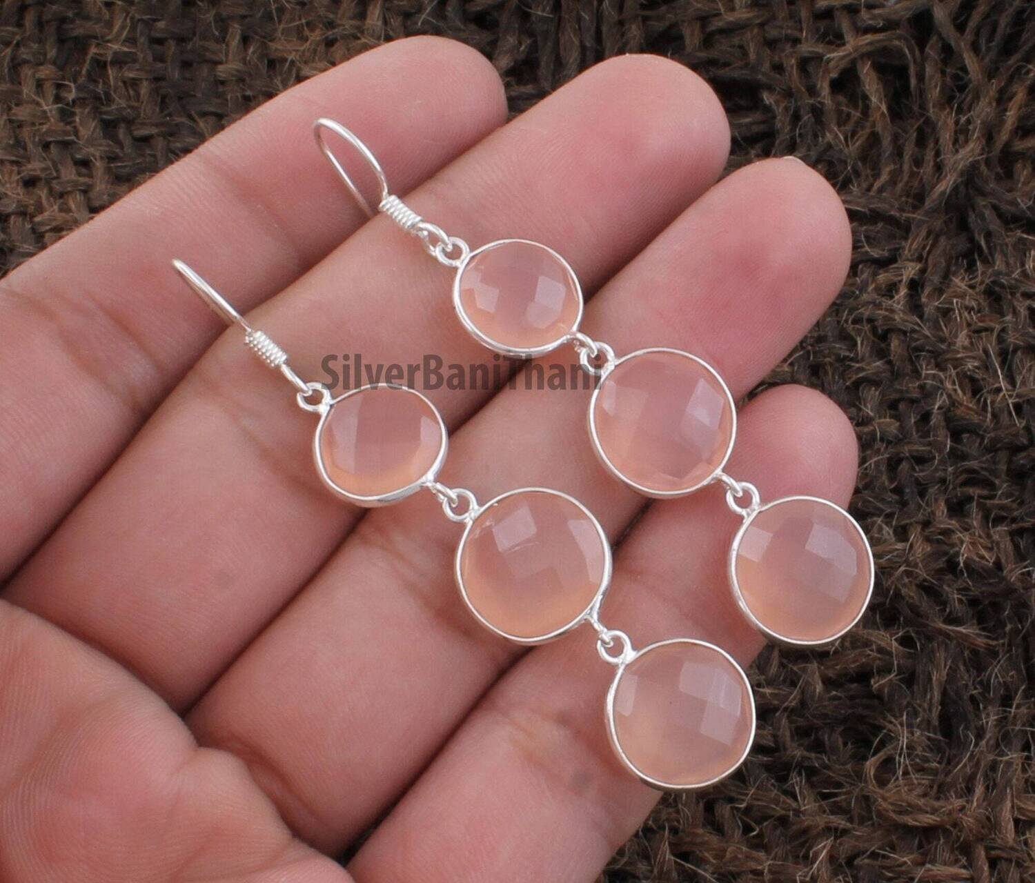 Bezel Set Faceted  Rose Quartz Silver Earrings | 925 Sterling Solid Silver Earrings | Three Round Gemstone Earrings | Valentine's Day