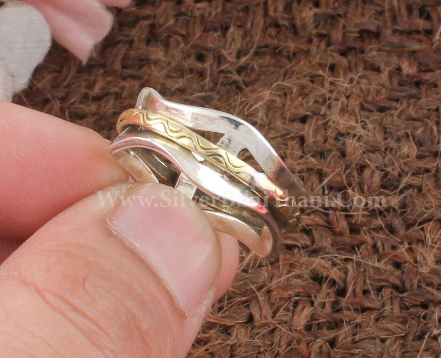 925 Sterling Silver &amp; Brass Spinner Ring | Silver Women Wedding Jewelry Ring | Meditation Ring | Thumb Ring | Present For Women Gift Idea