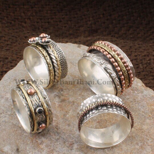 Combo Rings - Spinner Rings  925 Sterling Solid Silver Rings - Band Spinner Rings - Thumb Rings - Boho Silver Band Spinner Rings - 4 Rings