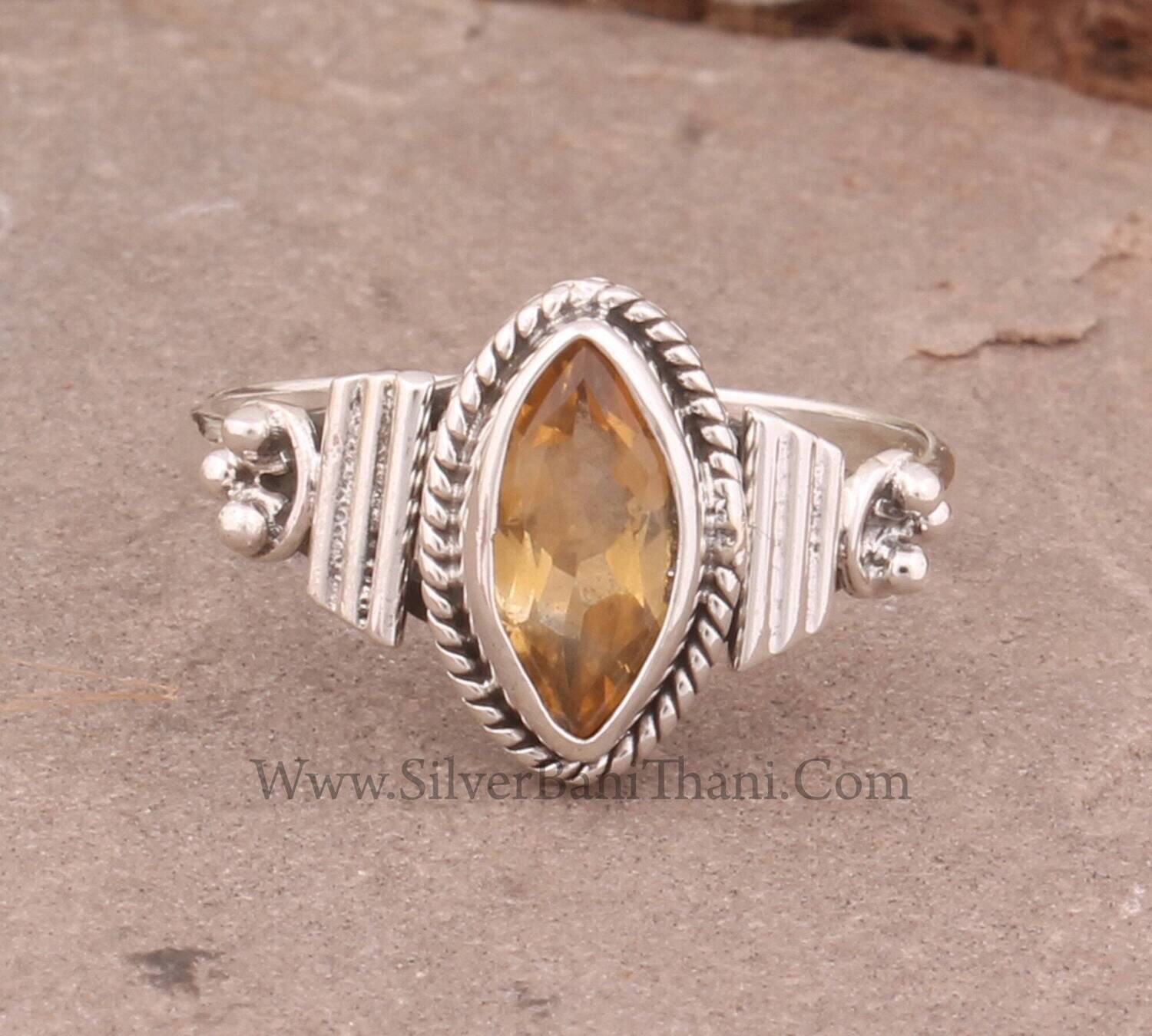 Citrine Gemstone Silver Ring | 925 Sterling Solid Silver Ring | Marquise Shape Gemstone Ring | Handmade Silver Ring | Everyday Jewelry Gift