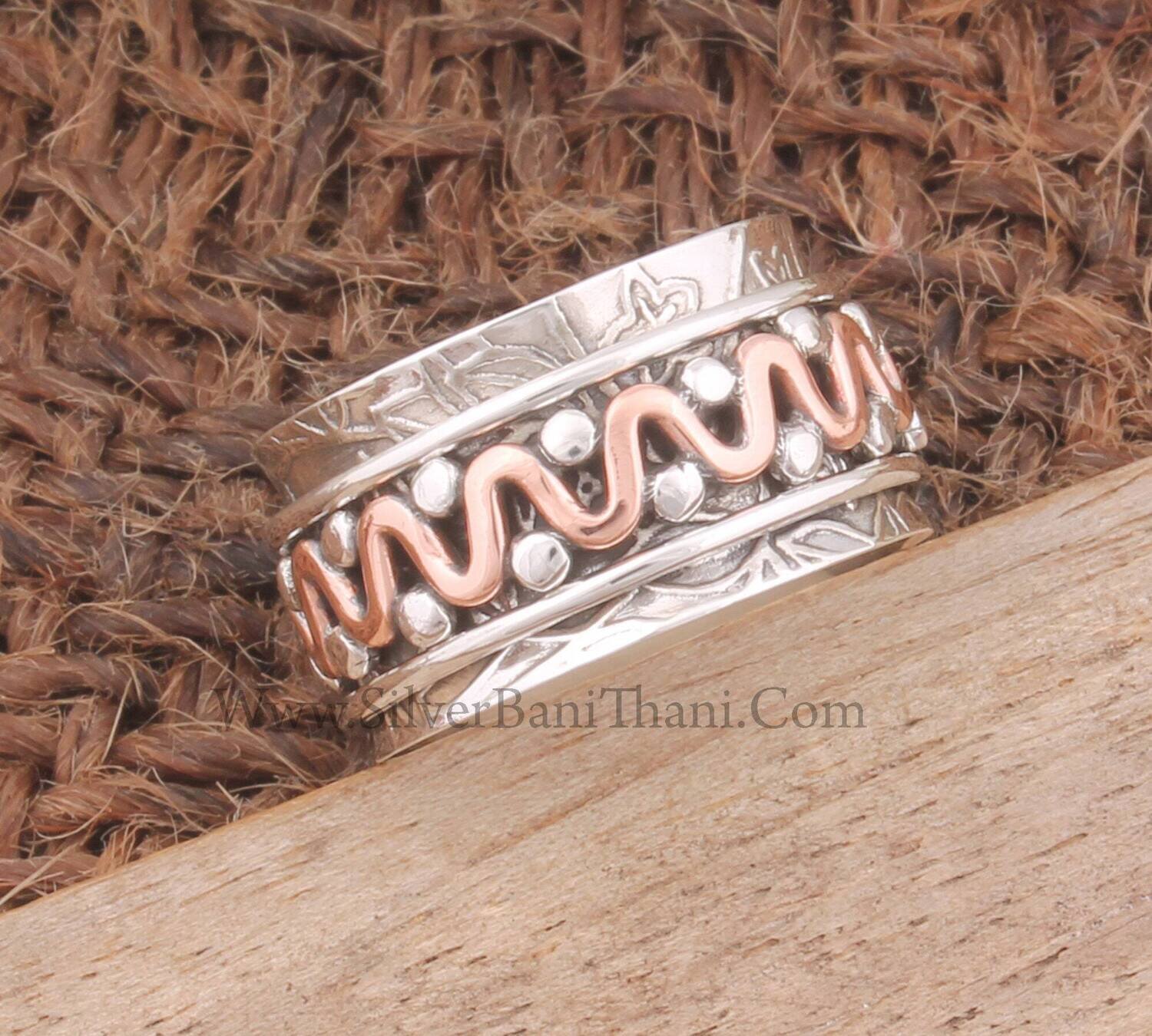 Zig-Zag Solid 925 Sterling Silver Designer Carved Leaves Band Spinner Ring For Women | Handmade Silver Dotted Two Tone Fidget Anxiety Rings