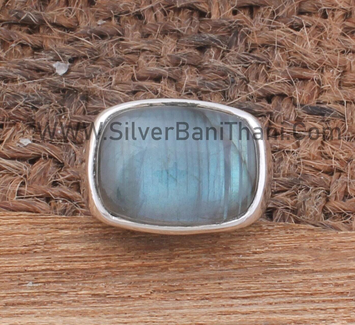 Labradorite Gemstone Silver Ring | 925 Sterling Silver Smooth Gemstone Ring | Handmade Elongated Cushion Shape Ring | Mother's Day Gift Idea