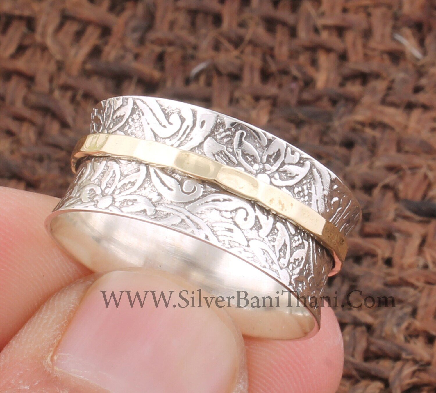 Hand Carved Band Two Tone Spinner Ring | 925 Sterling Silver &amp; Brass Hammered Wide Band Ring | Present For Her | Worry Ring Thumb Ring Gifts