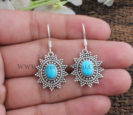 Star Design Turquoise Earring-Lovely Gemstone Earring-Blue Stone Semi Precious Earring-925 Sterling Silver Earring-Christmas Gift Item-Sale