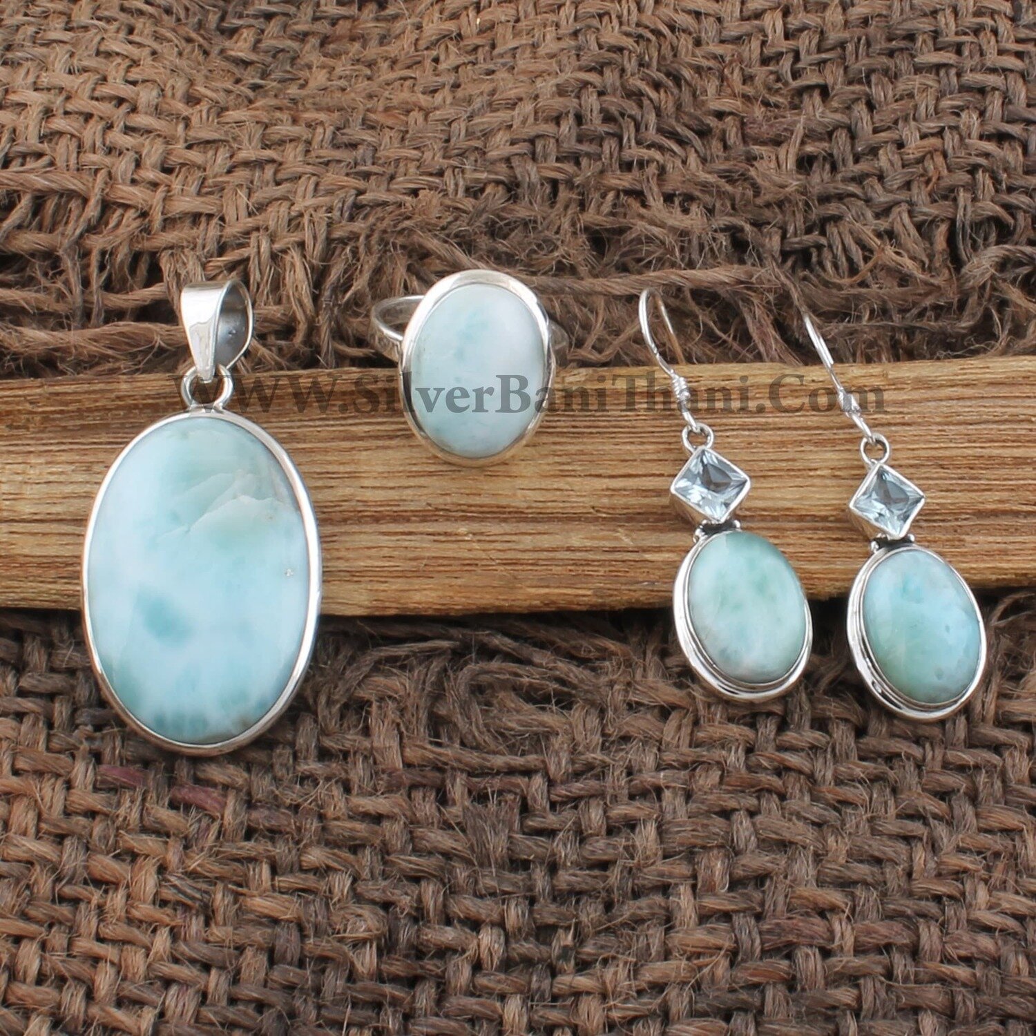 Natural Larimar Gemstone Silver Jewelry Set | 925 Sterling Silver Cabochon Stone Jewelry Set For Women | Bridal Wedding Jewelry | Gift Idea