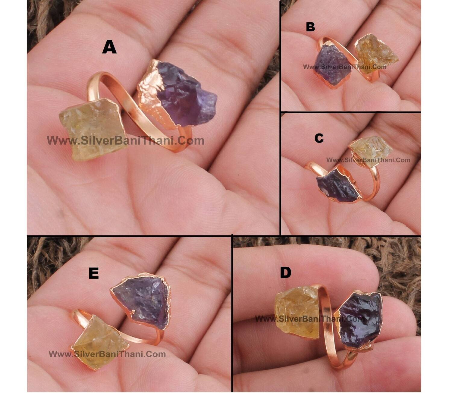 Raw  Citrine &amp; Amethyst Ring | Electroplated Copper Adjustable Ring | Handmade Copper Rough Double Stone Ring |Present Ring For Women