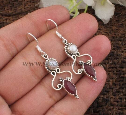 Ruby &amp; Pearl Silver Earrings | 925 Sterling Solid Silver Earrings | Designer Two Gemstone Earrings | Christmas Gift Idea |January Birthstone