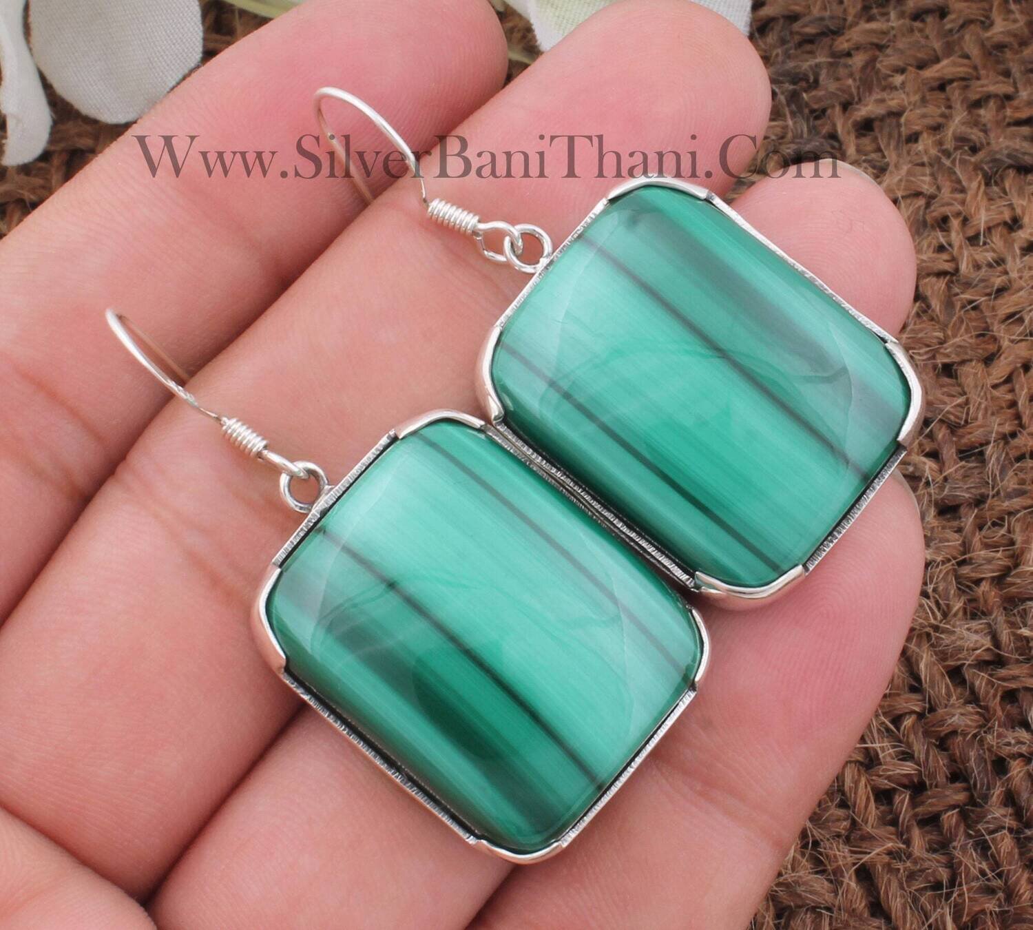 Malachite Silver Earrings | 925 Sterling Solid Silver Half Prong Set Earrings | Elongated Cushion Earrings | Bridal Jewelry GiftMother's Day