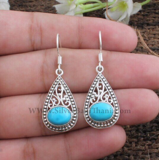 Lovely Jewelry Turquoise Earring - Rare Gemstone Earring - Vine Design With Oval Stone Earring - Solid Silver Earring - Expensive Gift Item