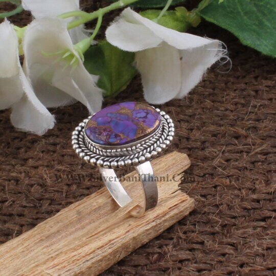 Purple Copper Turquoise Silver Ring - Purple Stone Ring - Designer Oval Ring - Daily Use Ring - Boho Ring - Authentic Gift - Gift For Her