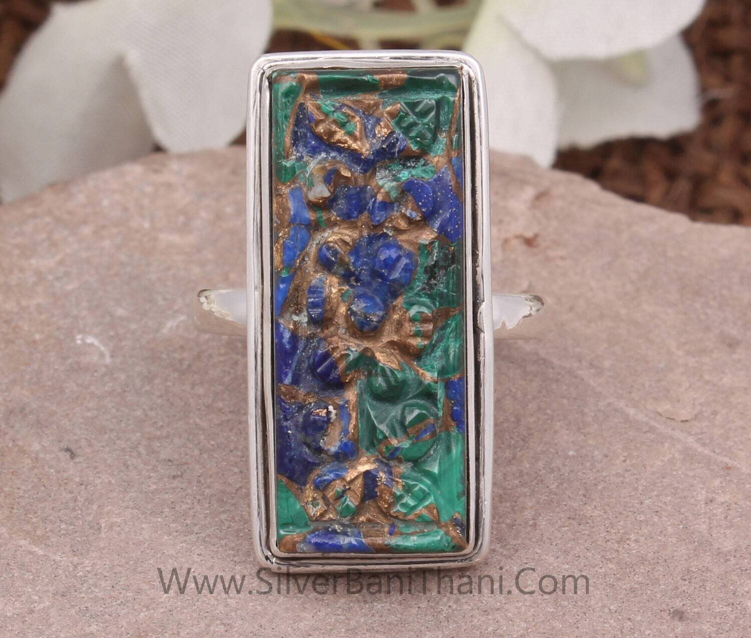 Malachite &amp; Lapis Lazuli Mix Copper Rectangle Gemstone Ring | 925 Sterling Solid Silver Flower Carving Stone Ring | Handmade Silver Jewelry