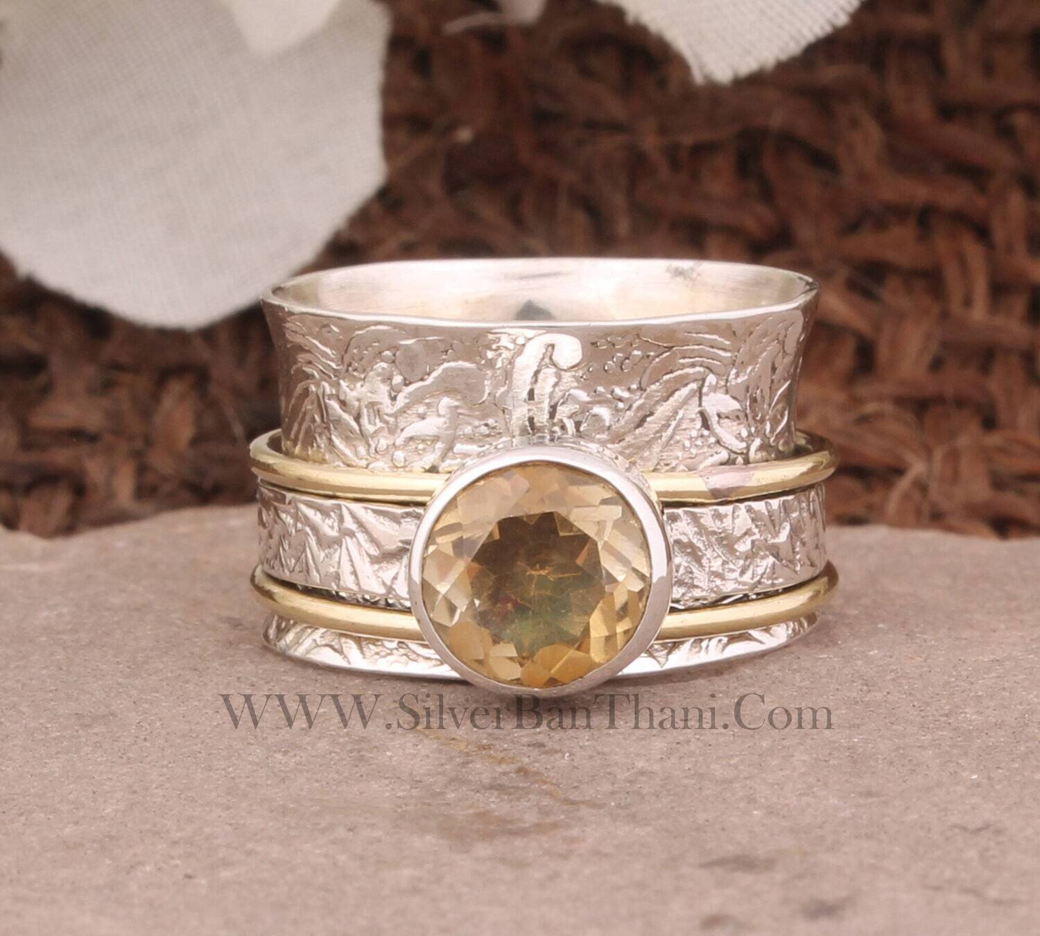 Citrine Gemstone Silver Spinner Ring | 925 Sterling Silver &amp; Brass Ring | Round Cut Stone Ring | Handmade Silver Ring l Bridal Jewelry Gift