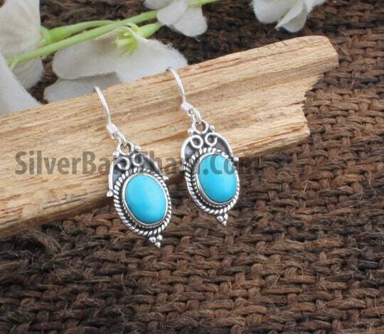 Sleeping Beauty Turquoise Gemstone Silver Earrings | 925 Sterling Silver Oval Stone Earring | Designer Handmade Jewelry | Women Wedding Jewelry | Gift For Her.