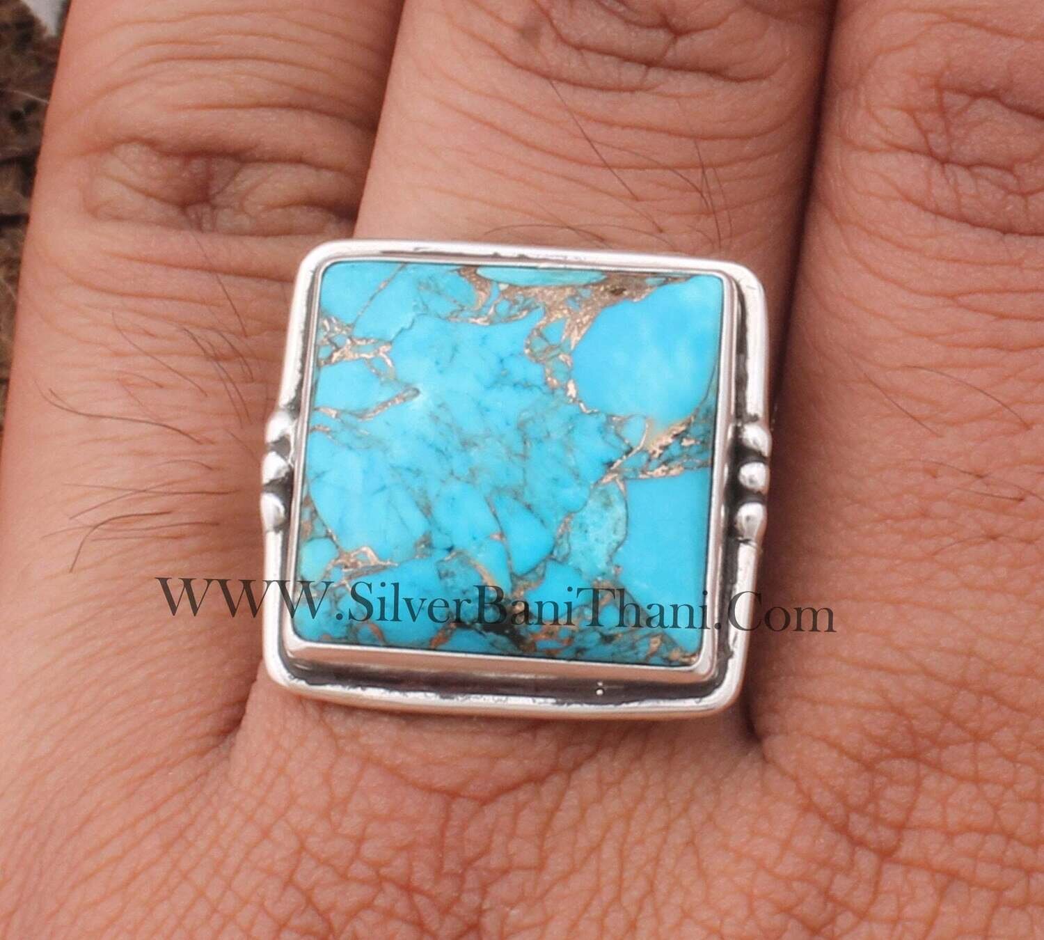 Blue Copper Turquoise Solid 925 Sterling Silver Ring For Women, Handmade Cushion Stone Band Ring Gifts Idea For Her Birthday Anniversary