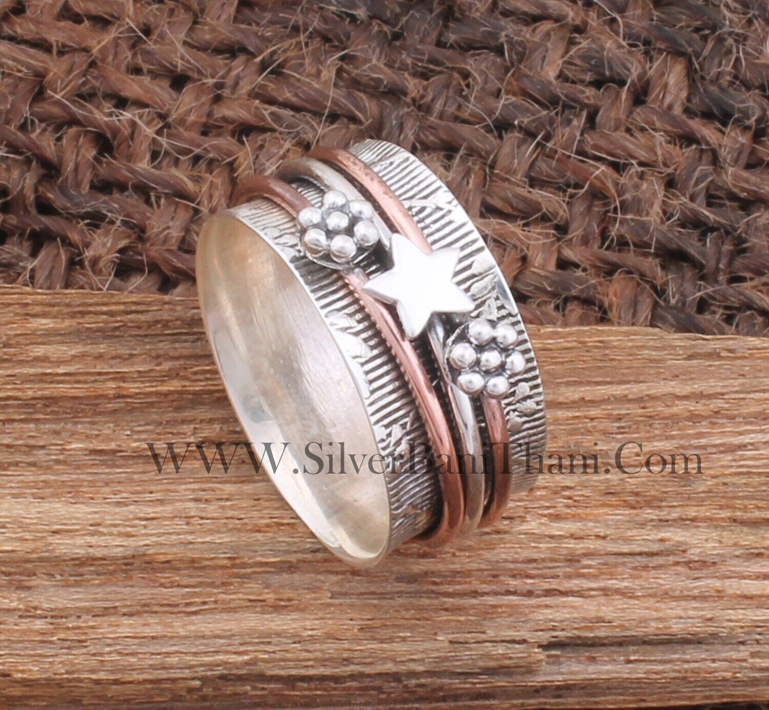 Star Solid 925 Sterling Silver Band Spinner Ring For Women | Handmade Two Tone Three Fidget Anxiety Rings Flower Meditation Ring Gifts Idea