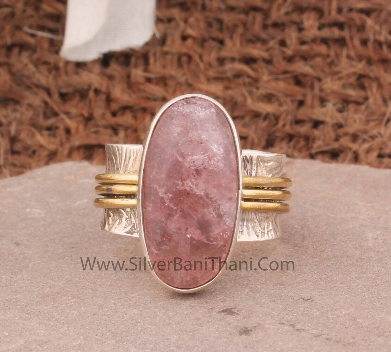 925 Sterling Silver &amp; Brass Charry Quartz Spinner Ring | Designer Handmade Carved Silver Meditation Ring | Women Jewelry | Christmas Gift