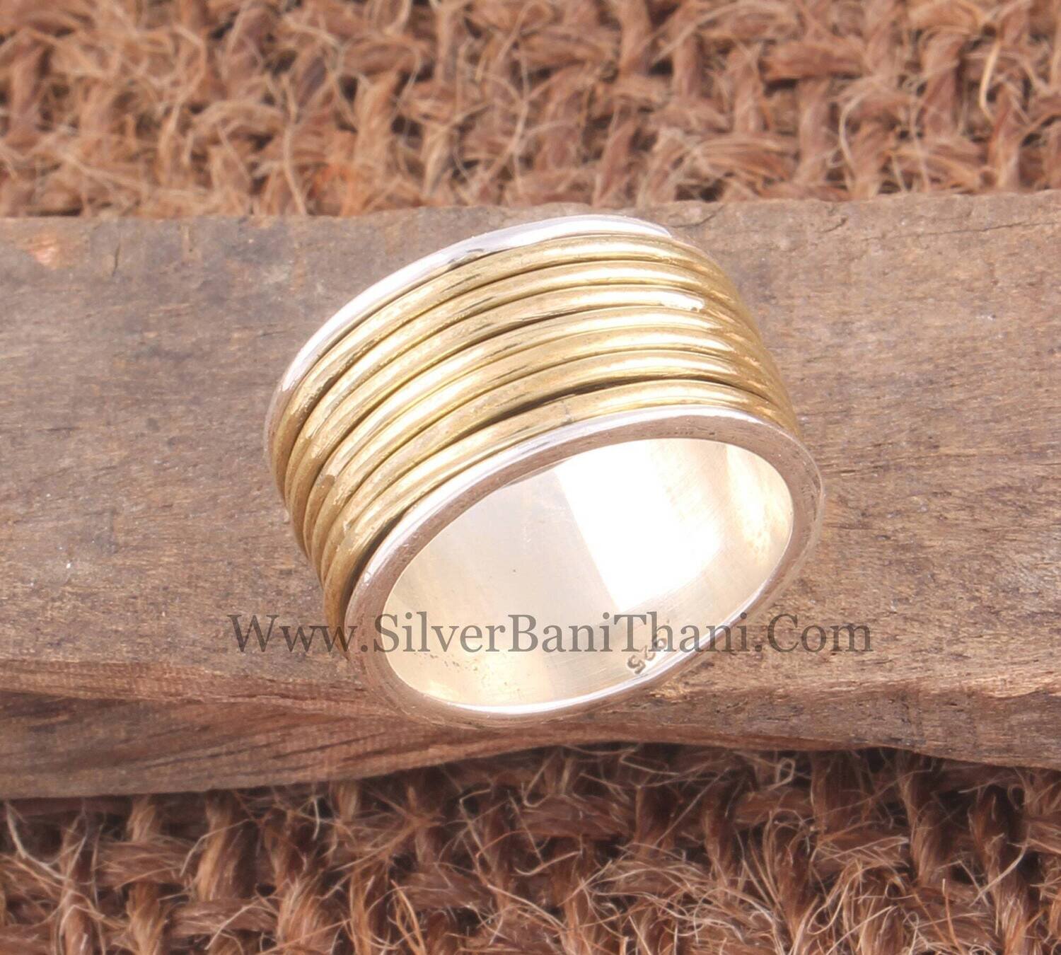 Solid 925 Sterling Silver Designer Band Spinner Ring For Women | Handmade Two Tone Seven Fidget Anxiety Rings For Anniversary Gifts For Her