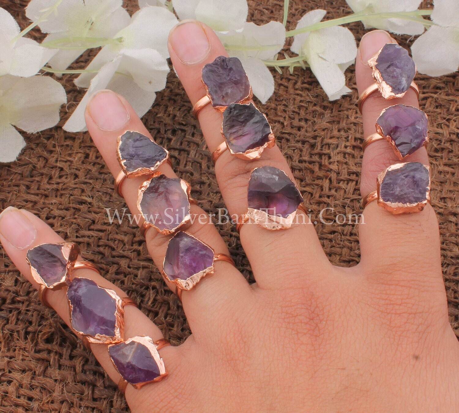 Raw Natural Amethyst Ring For Wedding Anniversary | Electroplated Copper Adjustable Ring For Women | Boho Handmade Copper Jewelry For Bridal