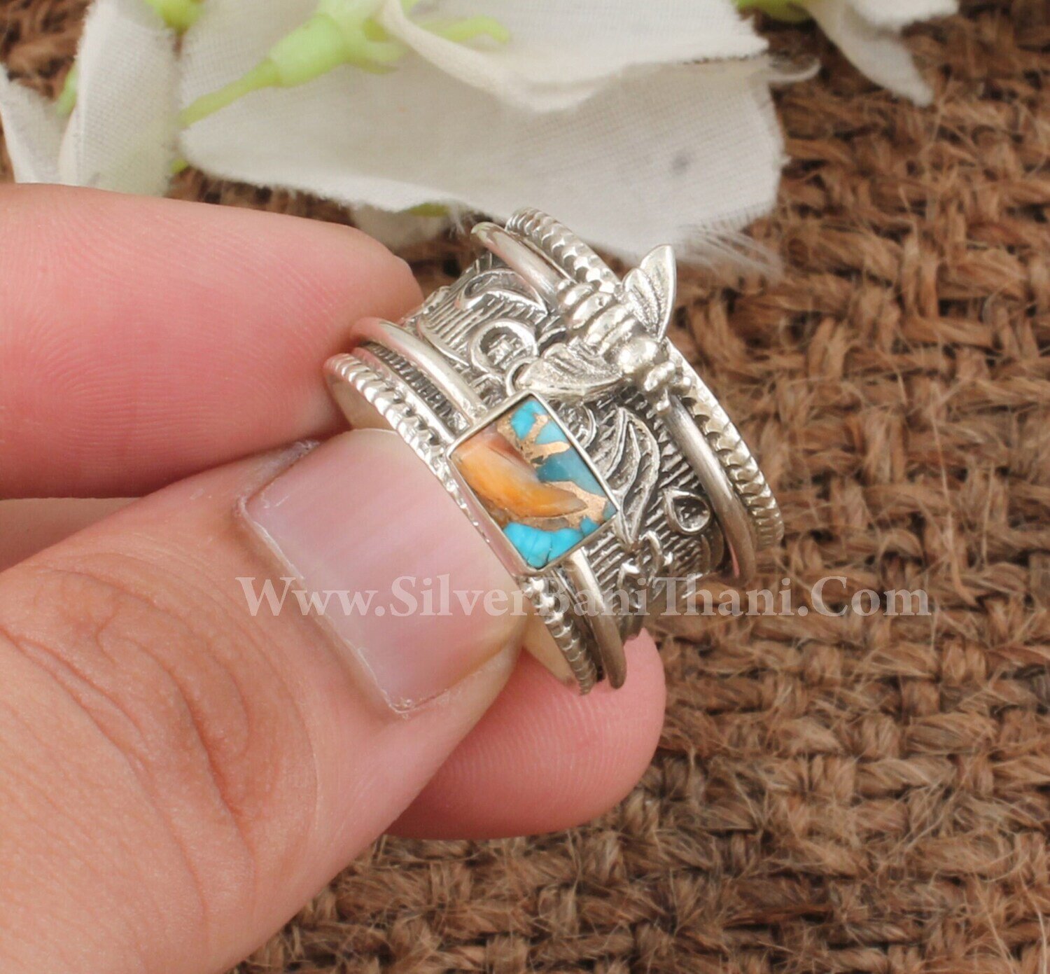 Honey Bee Oyster Copper Turquoise Silver Spinner Ring | 925 Sterling Silver Stone Spinner Ring | Designer Hand Carved Silver Ring Gift Idea