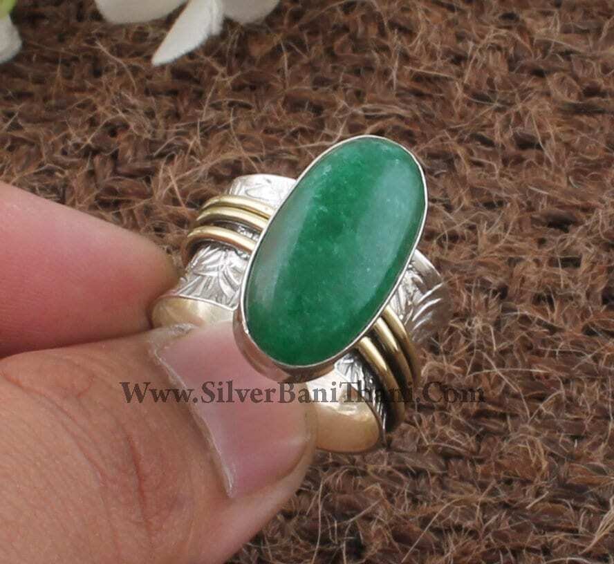 925 Sterling Silver &amp; Brass Green Jade Spinner Ring | Designer Handmade Carved Silver Meditation Ring | Women Jewelry | Valentine's Day Gift