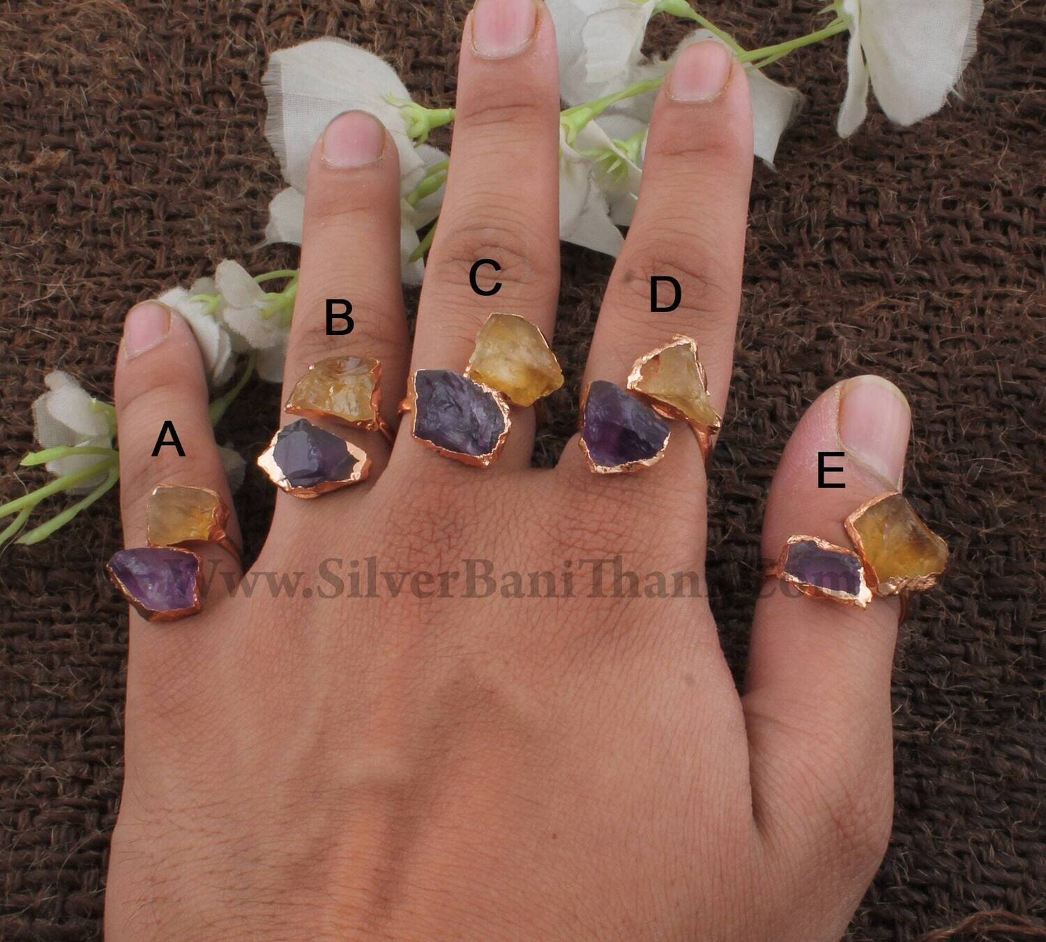 Raw  Citrine &amp; Amethyst Ring For Women |Electroplated Copper Adjustable Ring |Handmade Copper Rough Double Stone Ring For Anniversary
