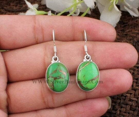 Green Copper Turquoise Silver Earrings | 925 Sterling Solid Silver Earrings | Oval Shape Gemstone Earrings | Christmas Gift | Anniversary Gift For Her