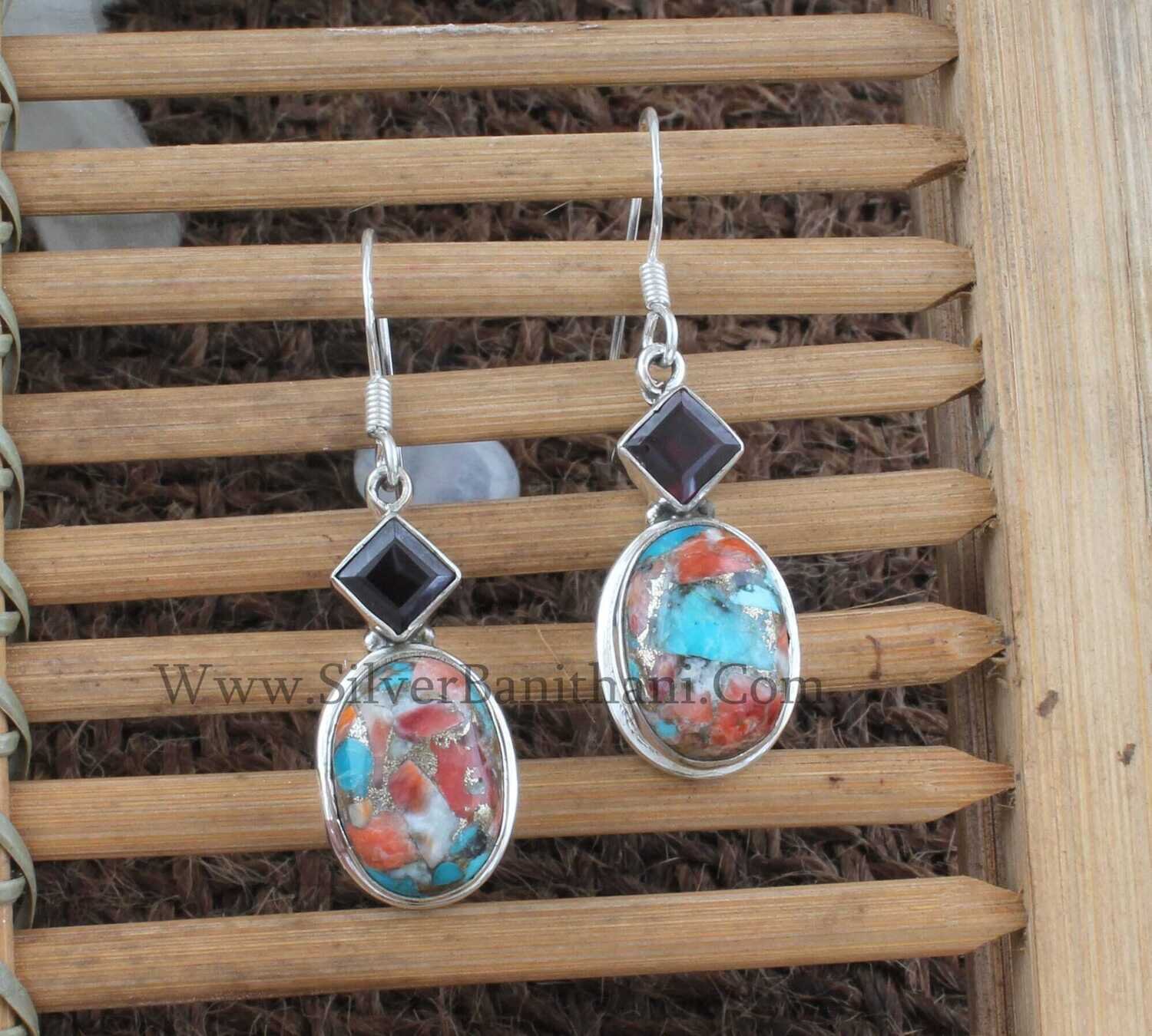 Red Garnet &amp; Oyster Copper Turquoise Silver Earrings | 925 Sterling Solid Silver Earrings | Silver Earrings | Handmade Women Earring Gift