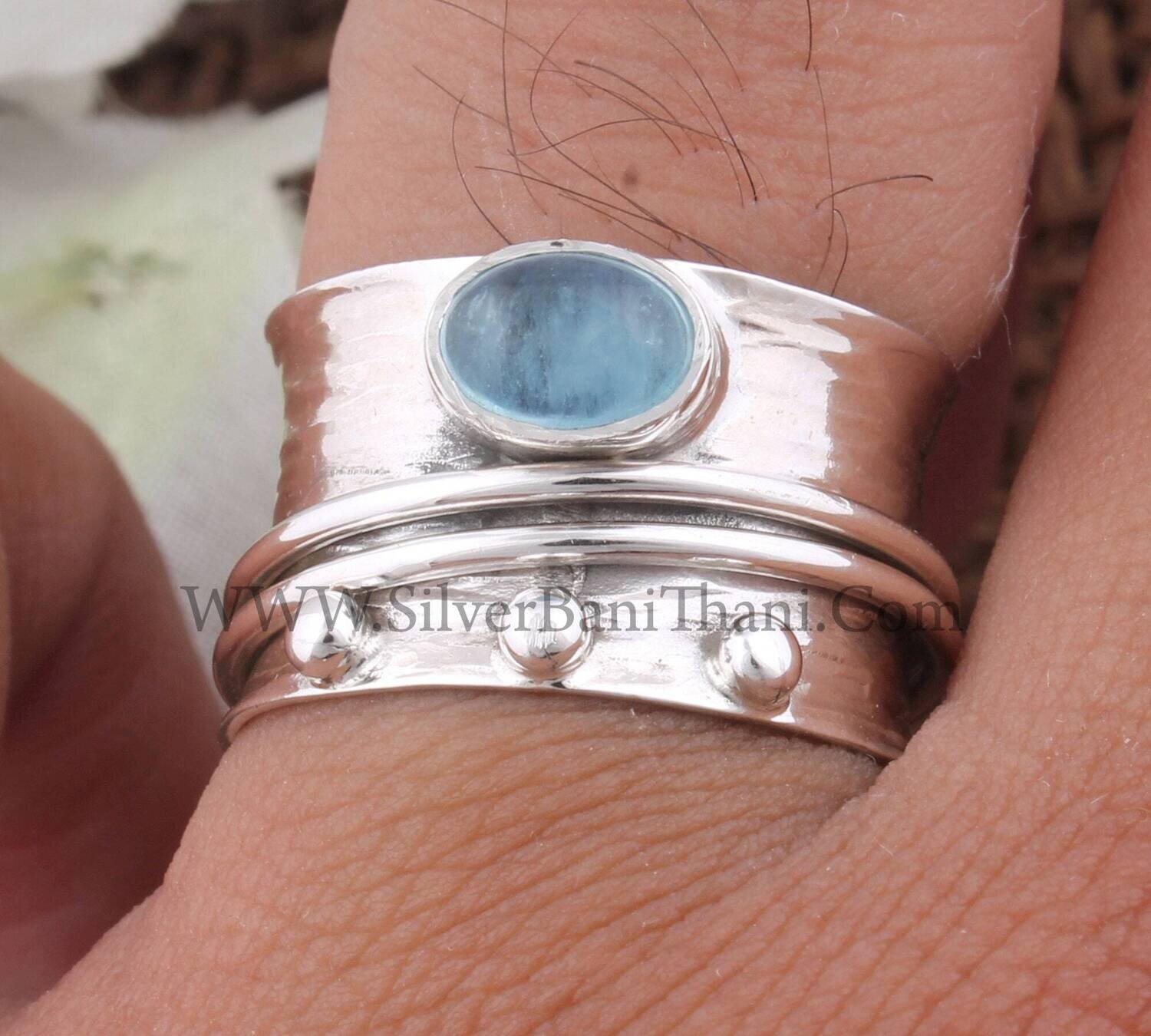Aquamarine Gemstone Ring Silver Band Ring 925 Sterling Silver Ring Spinner Ring Meditation Spinning Wide Band Ring Anxiety Ring Fidget Ring