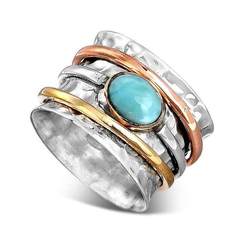 Larimar Spinner Ring, Sterling Silver Ring Women, Meditation Fidget Ring, Wide Band Two Tone Ring, Blue Stone, Worry Hammered Ring