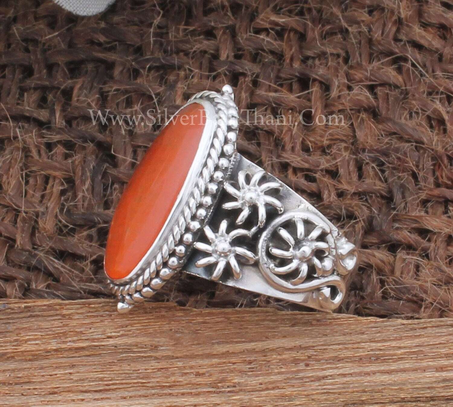 Carnelian Jade Long Oval Gemstone Solid 925 Sterling Silver Ring For Women, Jade Band Ring Handmade Flowers Silver Band Ring Gifts For Her