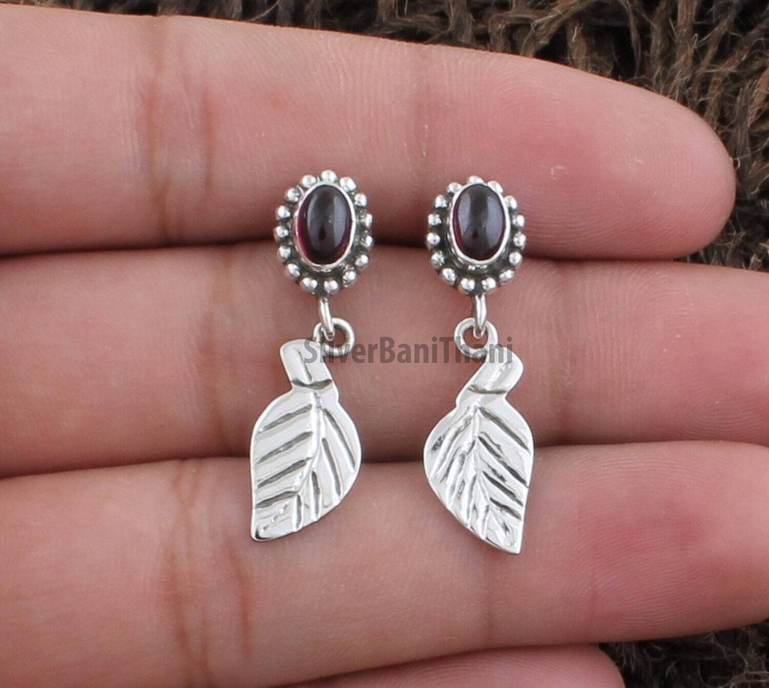 Designer Carved Silver Leaves  Red Garnet Earrings | 925 Sterling Solid Silver Earrings | Boho Gemstone Earrings | Valentine's Day