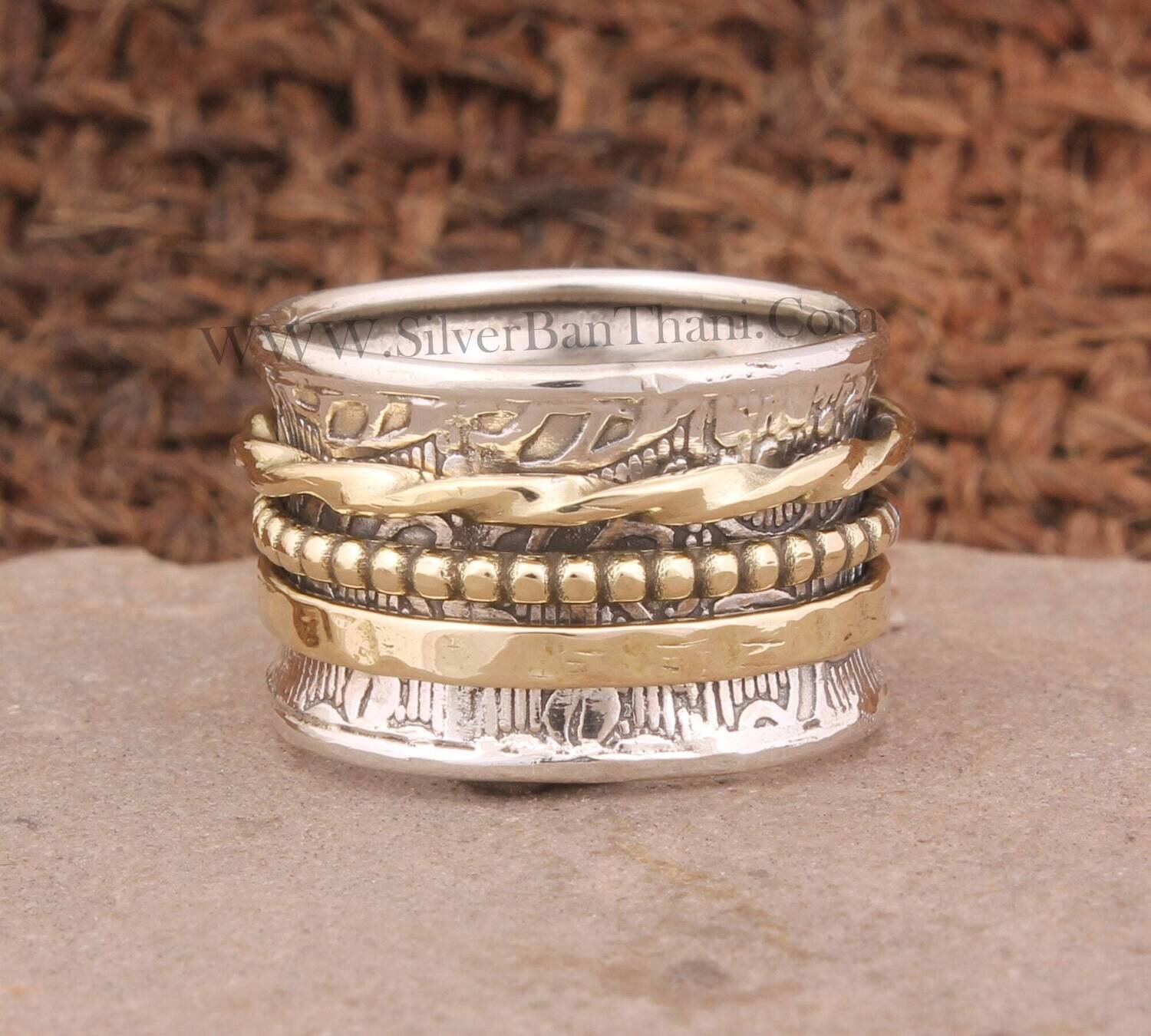 Solid 925 Sterling Silver Engraved Band Spinner Ring For Women | Handmade Two Tone Fidget Anxiety Ring Boho Worry Ring | Anniversary Gifts